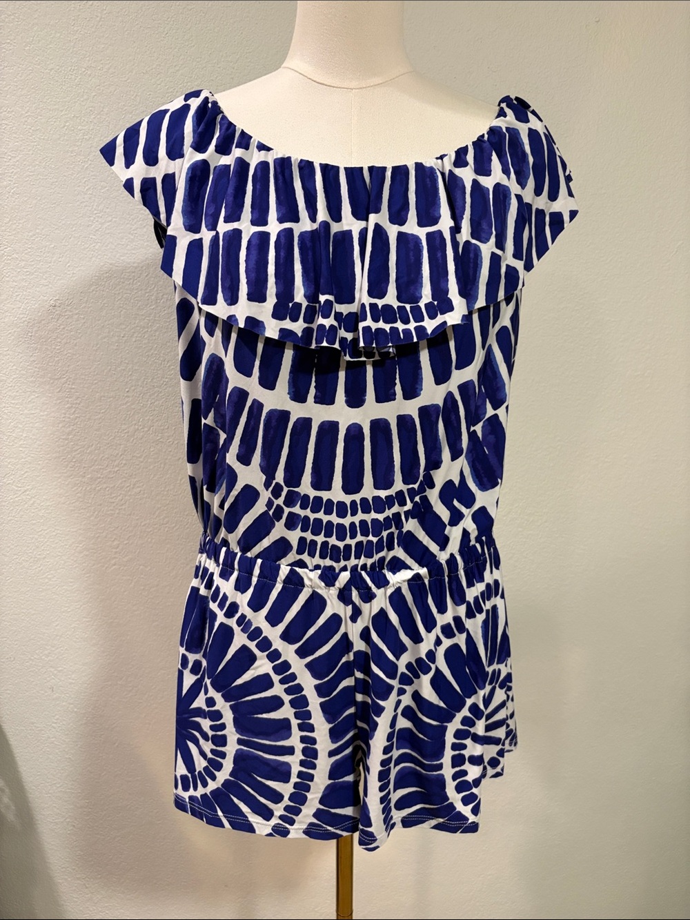Trina Turk Blue and White Printed Ruffled Off-Shoulder Romper